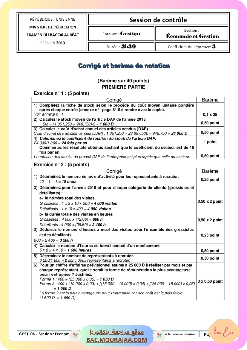 Corrigé controle gestion Bac 2019 – Section eco